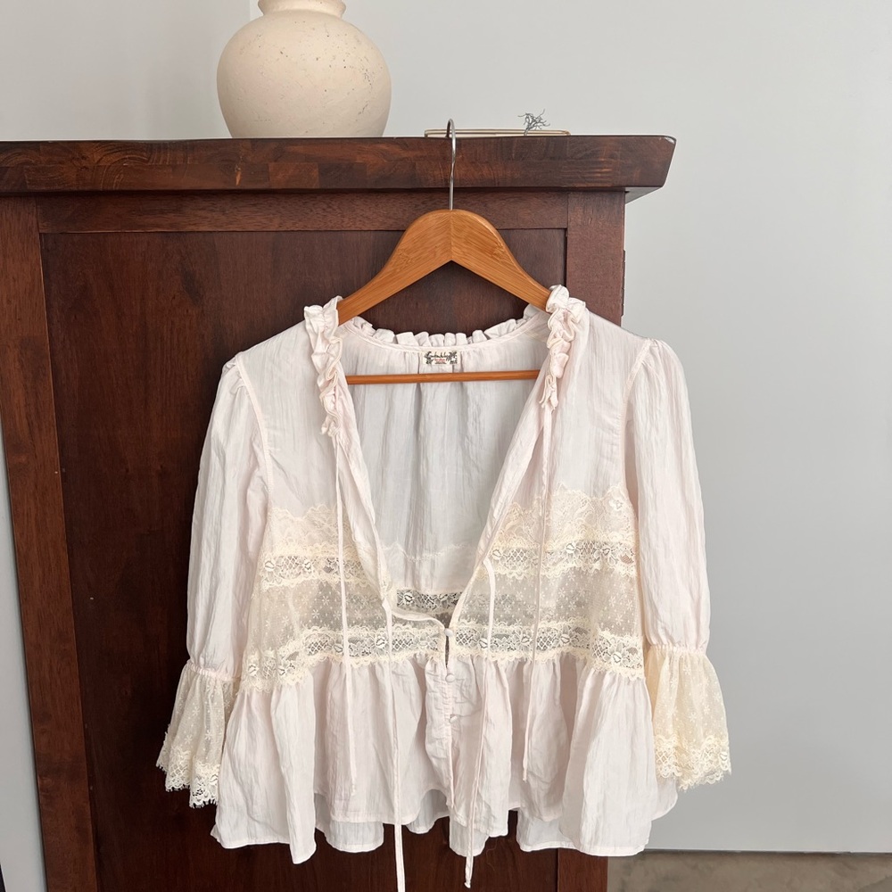 Free People White Lace Trim Blouse